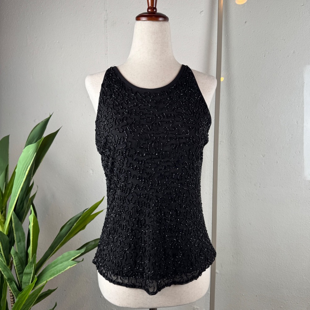 Whimsigoth Dark Feminine Vintage 90s Glam Black Beaded Sleeveless Top Size M